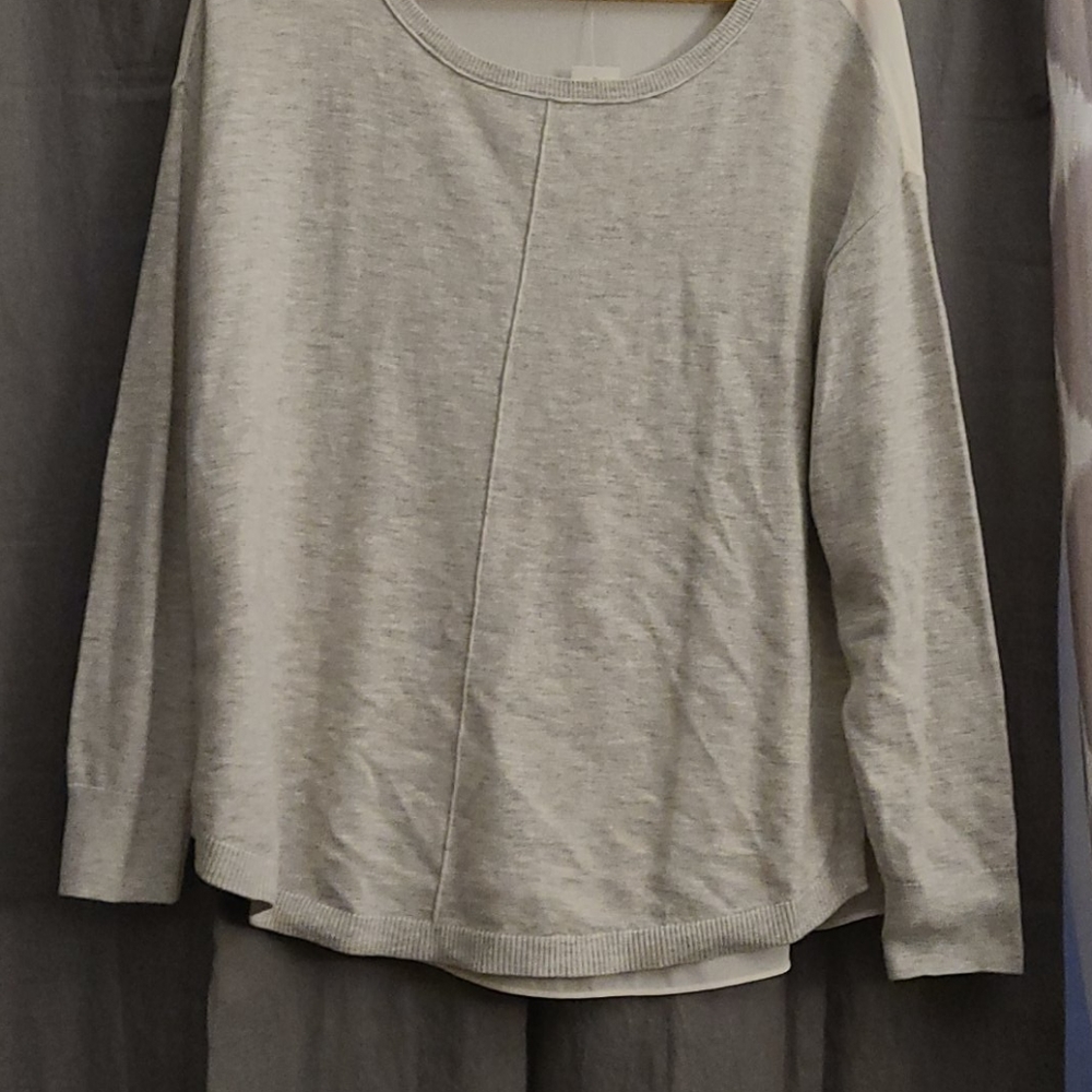Light gray long sleeve LOFT  top with sheer back.